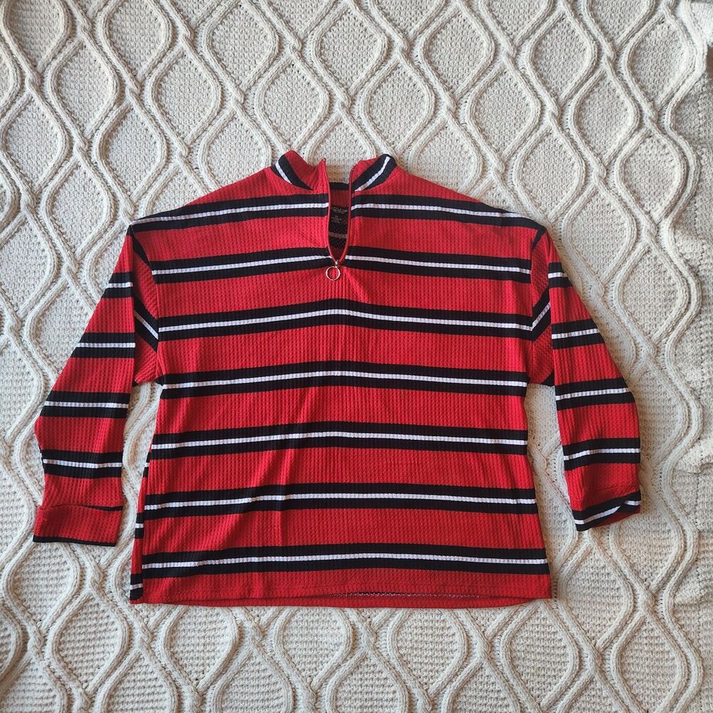 Rouge Collection Red Striped Waffle Knit Half Zip Pullover Top O-Ring- Size 2X